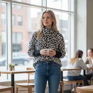 Tyler Boe Leopard Print Cowl Neck Sweater | Faux Leather Cuffs | Size S